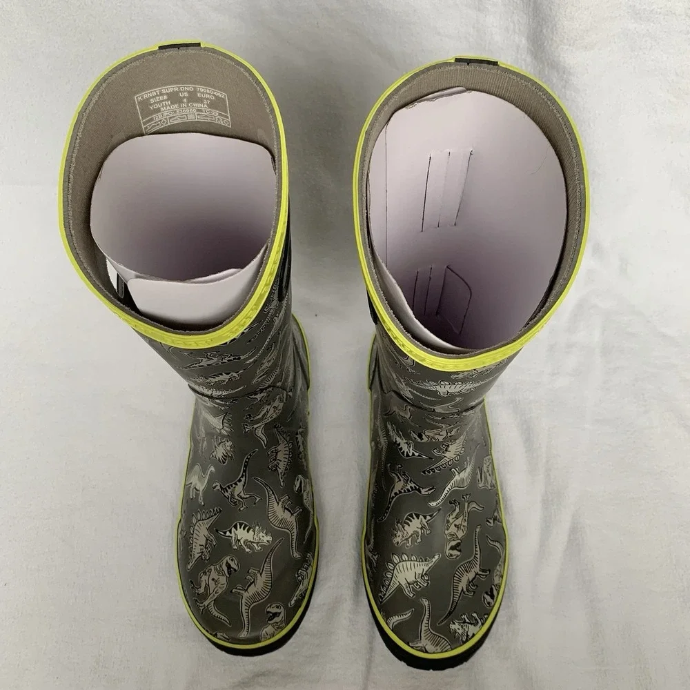 NEW Bogs Kids Rain Boots Super Dino Gray Waterproof Pull On Handles Youth Sz 4
